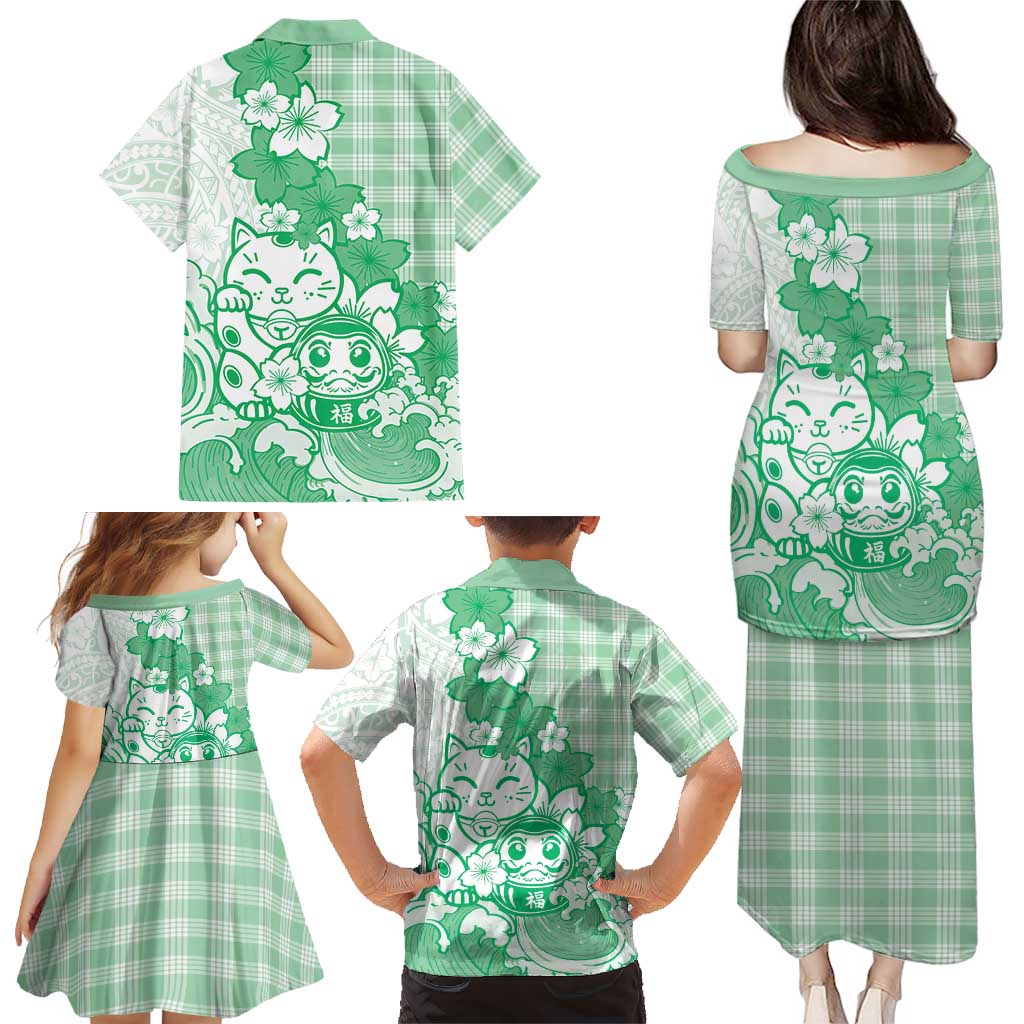 Green Palaka Hawaiian And Japanese Family Matching Puletasi and Hawaiian Shirt Maneki Neko And Sakura Bloom DT05 - Polynesian Pride