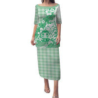 Green Palaka Hawaiian And Japanese Family Matching Puletasi and Hawaiian Shirt Maneki Neko And Sakura Bloom DT05 Mom's Dress Green - Polynesian Pride