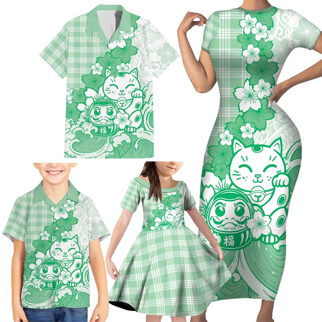 Green Palaka Hawaiian And Japanese Family Matching Short Sleeve Bodycon Dress and Hawaiian Shirt Maneki Neko And Sakura Bloom