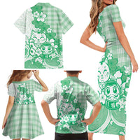 Green Palaka Hawaiian And Japanese Family Matching Short Sleeve Bodycon Dress and Hawaiian Shirt Maneki Neko And Sakura Bloom DT05 - Polynesian Pride