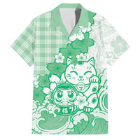 Green Palaka Hawaiian And Japanese Family Matching Short Sleeve Bodycon Dress and Hawaiian Shirt Maneki Neko And Sakura Bloom DT05 Dad's Shirt - Short Sleeve Green - Polynesian Pride