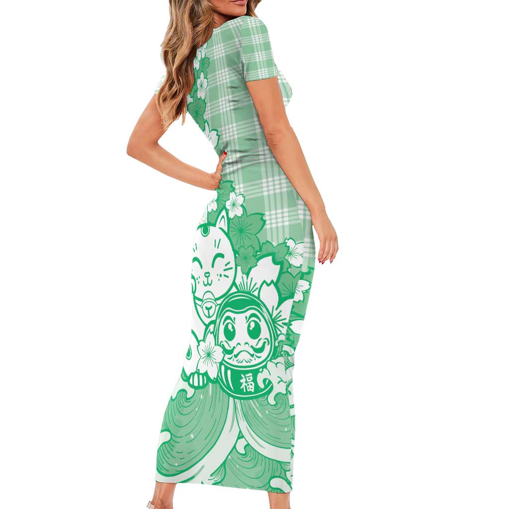 Green Palaka Hawaiian And Japanese Family Matching Short Sleeve Bodycon Dress and Hawaiian Shirt Maneki Neko And Sakura Bloom DT05 - Polynesian Pride