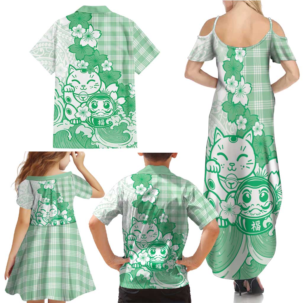 Green Palaka Hawaiian And Japanese Family Matching Summer Maxi Dress and Hawaiian Shirt Maneki Neko And Sakura Bloom DT05 - Polynesian Pride