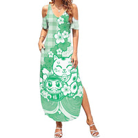 Green Palaka Hawaiian And Japanese Family Matching Summer Maxi Dress and Hawaiian Shirt Maneki Neko And Sakura Bloom DT05 Mom's Dress Green - Polynesian Pride