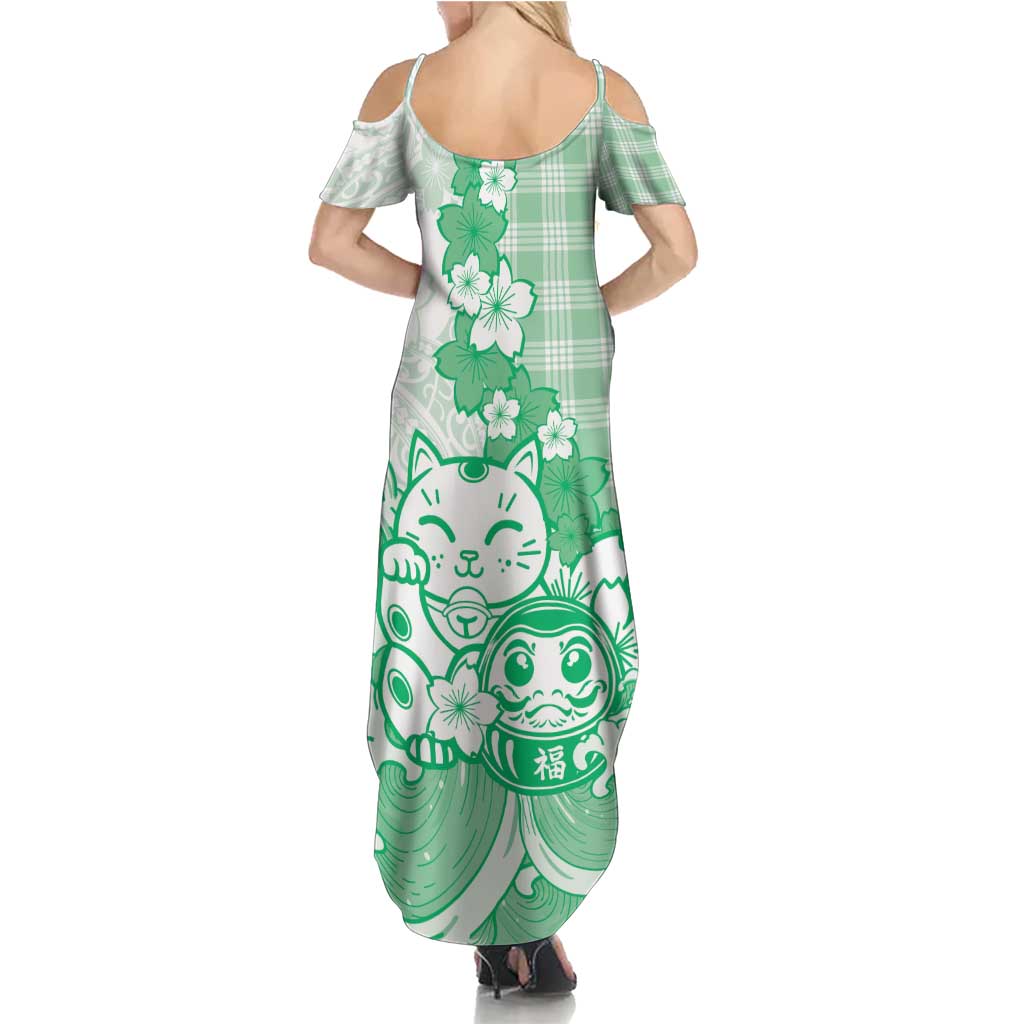 Green Palaka Hawaiian And Japanese Family Matching Summer Maxi Dress and Hawaiian Shirt Maneki Neko And Sakura Bloom DT05 - Polynesian Pride