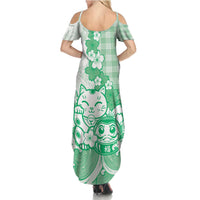 Green Palaka Hawaiian And Japanese Family Matching Summer Maxi Dress and Hawaiian Shirt Maneki Neko And Sakura Bloom DT05 - Polynesian Pride