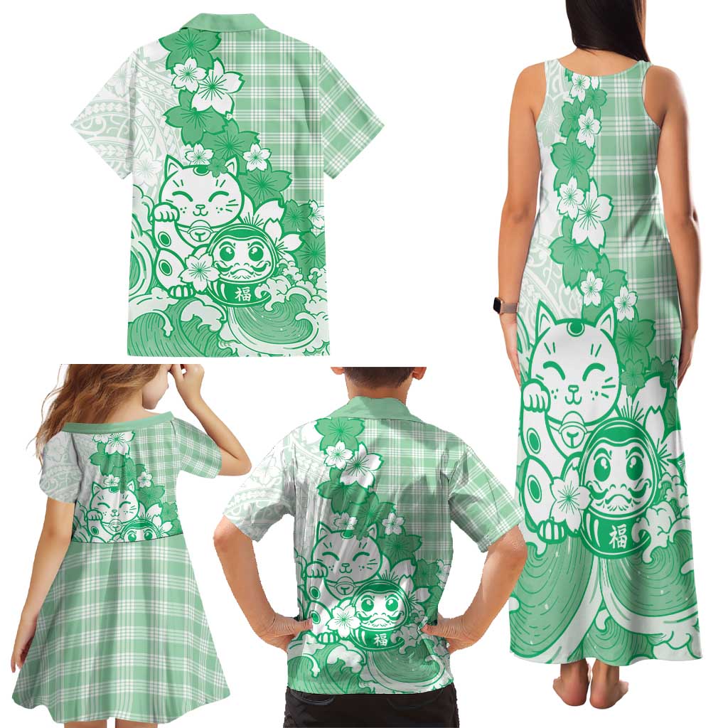 Green Palaka Hawaiian And Japanese Family Matching Tank Maxi Dress and Hawaiian Shirt Maneki Neko And Sakura Bloom DT05 - Polynesian Pride