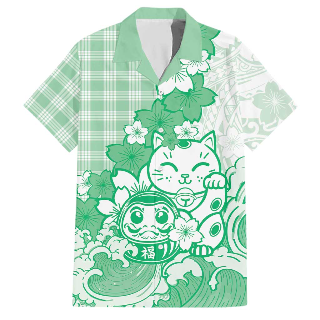 Green Palaka Hawaiian And Japanese Family Matching Tank Maxi Dress and Hawaiian Shirt Maneki Neko And Sakura Bloom DT05 Dad's Shirt - Short Sleeve Green - Polynesian Pride