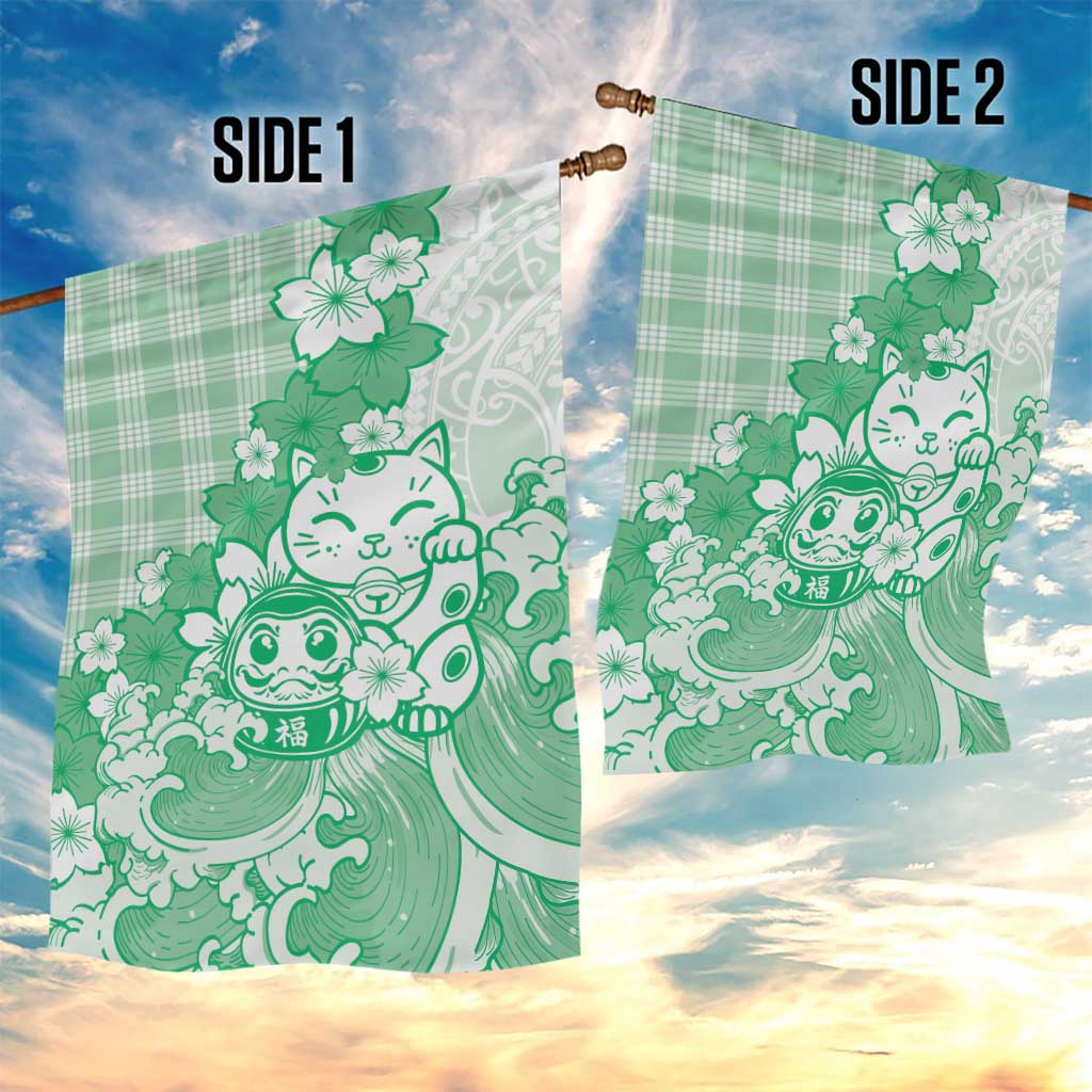 Green Palaka Hawaiian And Japanese Garden Flag Maneki Neko And Sakura Bloom
