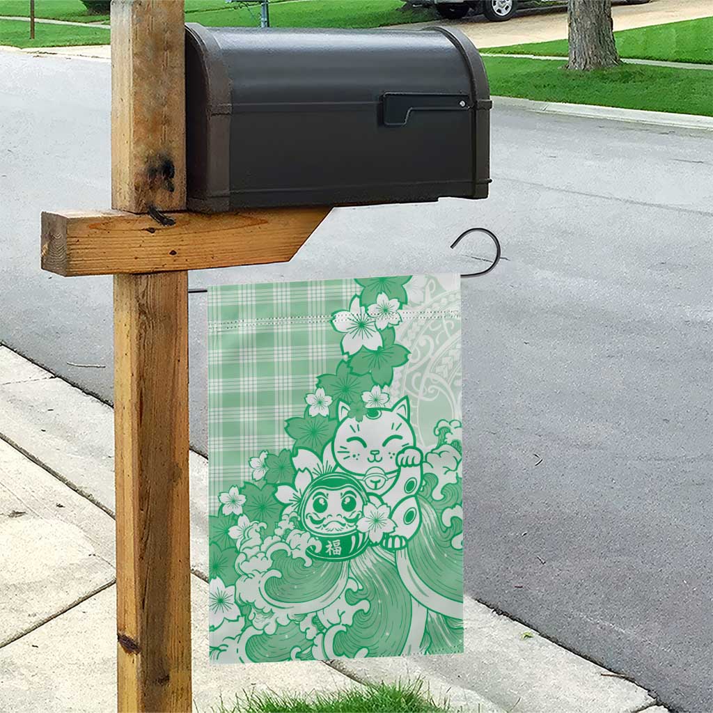 Green Palaka Hawaiian And Japanese Garden Flag Maneki Neko And Sakura Bloom
