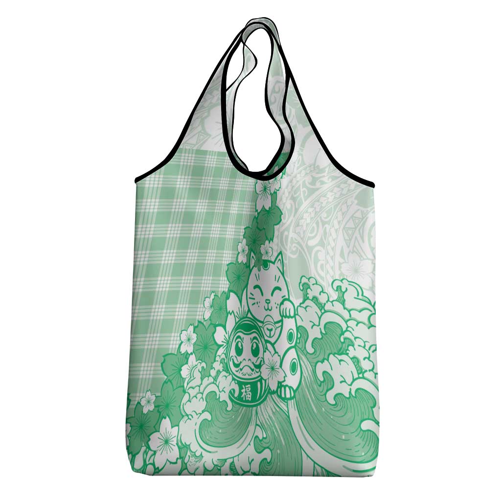 Green Palaka Hawaiian And Japanese Grocery Bag Maneki Neko And Sakura Bloom