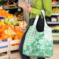 Green Palaka Hawaiian And Japanese Grocery Bag Maneki Neko And Sakura Bloom