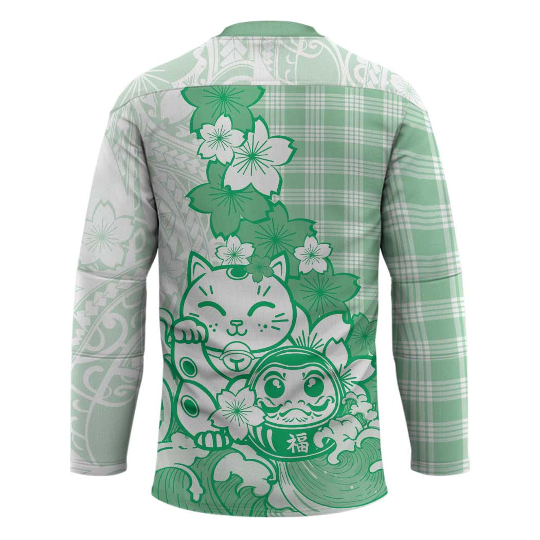 Green Palaka Hawaiian And Japanese Hockey Jersey Maneki Neko And Sakura Bloom