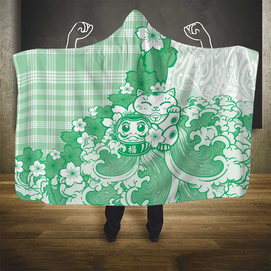 Green Palaka Hawaiian And Japanese Hooded Blanket Maneki Neko And Sakura Bloom