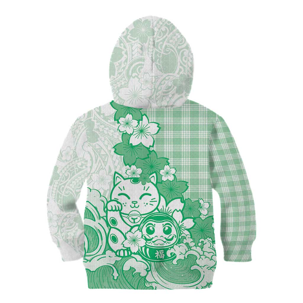 Green Palaka Hawaiian And Japanese Kid Hoodie Maneki Neko And Sakura Bloom