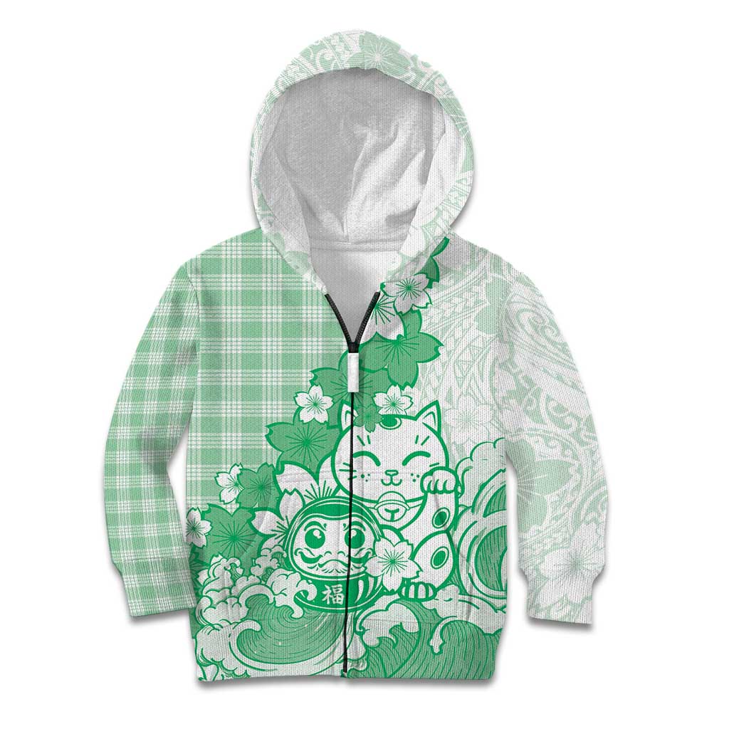Green Palaka Hawaiian And Japanese Kid Hoodie Maneki Neko And Sakura Bloom