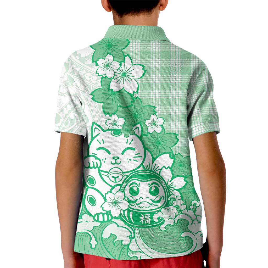 Green Palaka Hawaiian And Japanese Kid Polo Shirt Maneki Neko And Sakura Bloom