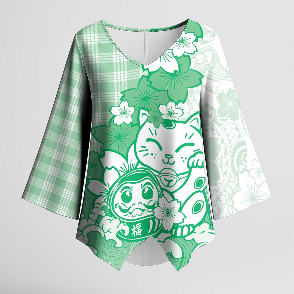 Green Palaka Hawaiian And Japanese Kimono Sleeve Blouse Maneki Neko And Sakura Bloom