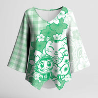 Green Palaka Hawaiian And Japanese Kimono Sleeve Blouse Maneki Neko And Sakura Bloom