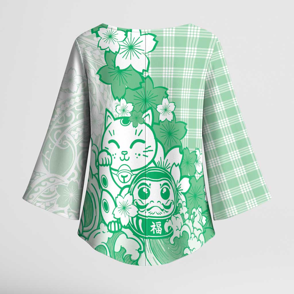 Green Palaka Hawaiian And Japanese Kimono Sleeve Blouse Maneki Neko And Sakura Bloom