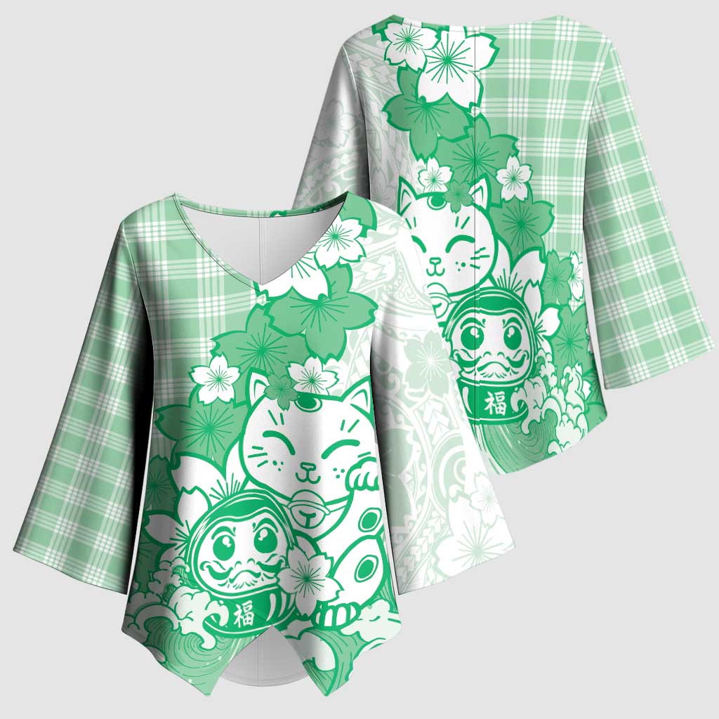 Green Palaka Hawaiian And Japanese Kimono Sleeve Blouse Maneki Neko And Sakura Bloom