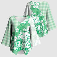 Green Palaka Hawaiian And Japanese Kimono Sleeve Blouse Maneki Neko And Sakura Bloom