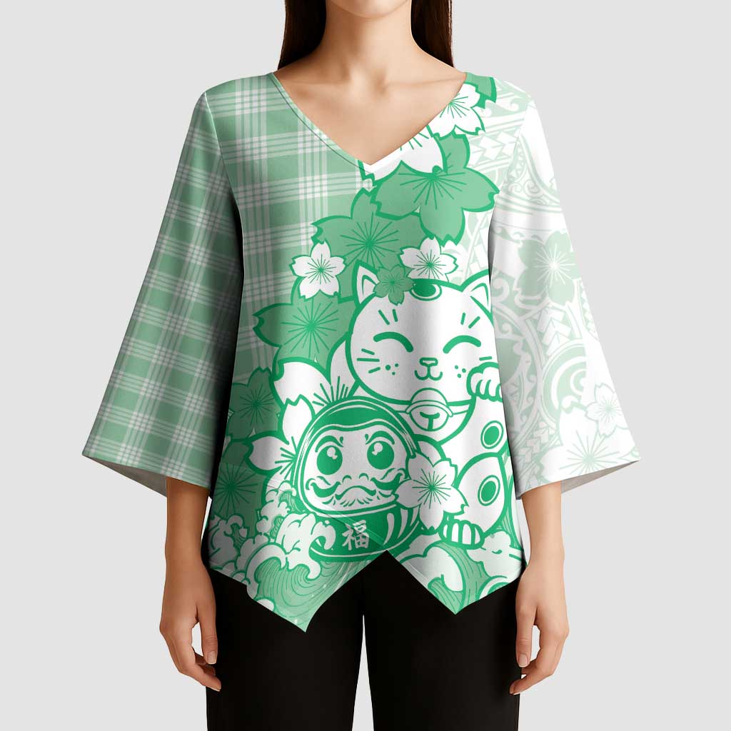 Green Palaka Hawaiian And Japanese Kimono Sleeve Blouse Maneki Neko And Sakura Bloom