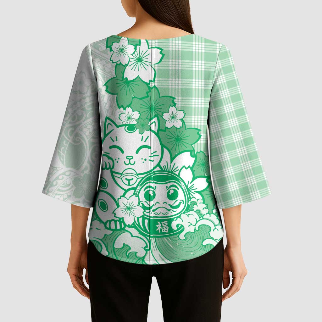 Green Palaka Hawaiian And Japanese Kimono Sleeve Blouse Maneki Neko And Sakura Bloom