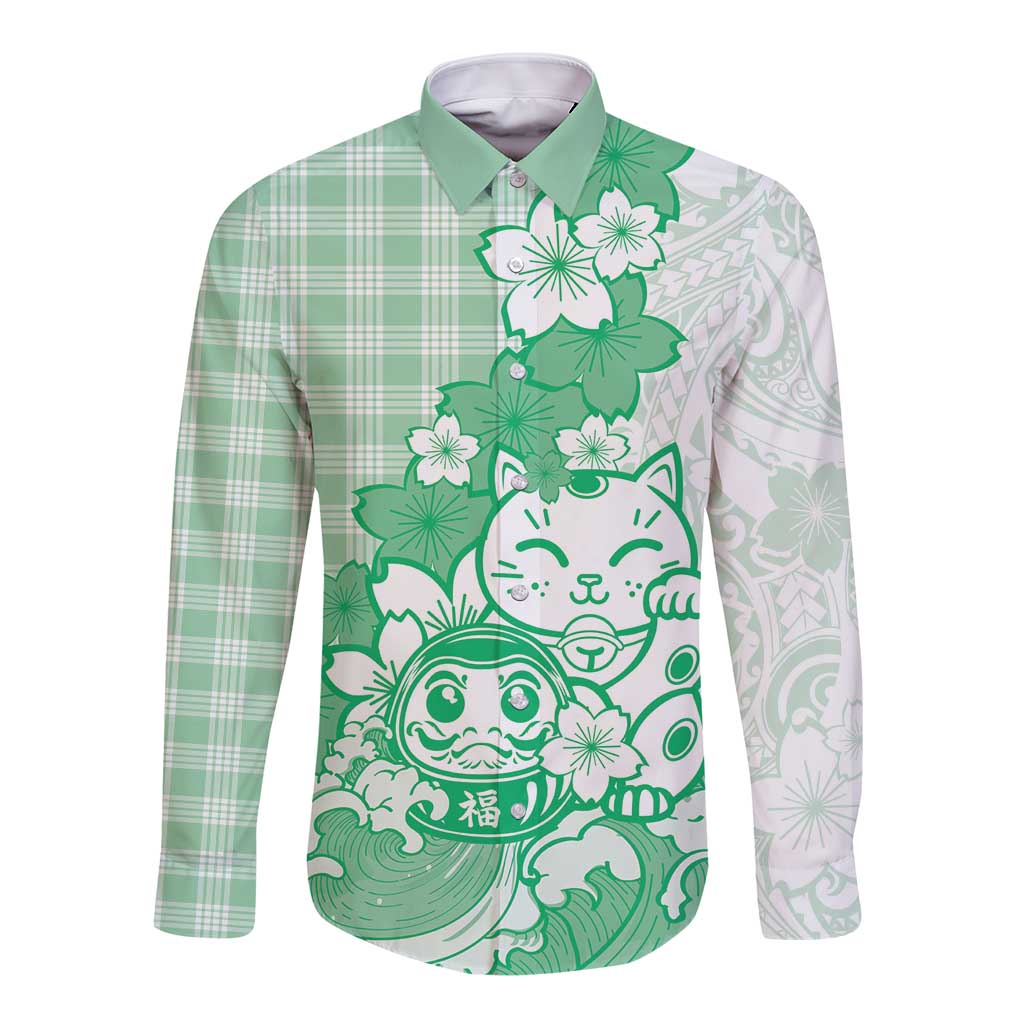 Green Palaka Hawaiian And Japanese Long Sleeve Button Shirt Maneki Neko And Sakura Bloom