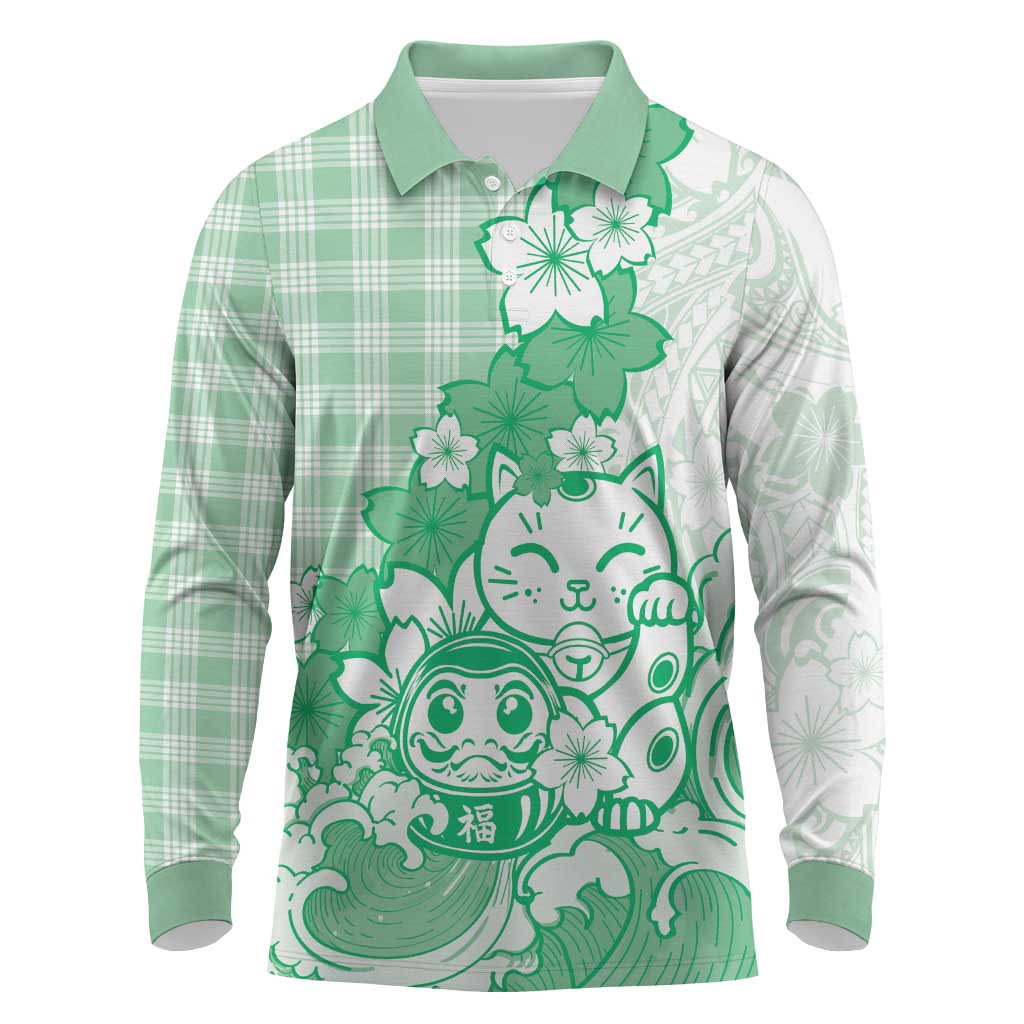 Green Palaka Hawaiian And Japanese Long Sleeve Polo Shirt Maneki Neko And Sakura Bloom