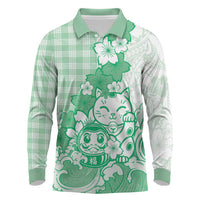 Green Palaka Hawaiian And Japanese Long Sleeve Polo Shirt Maneki Neko And Sakura Bloom