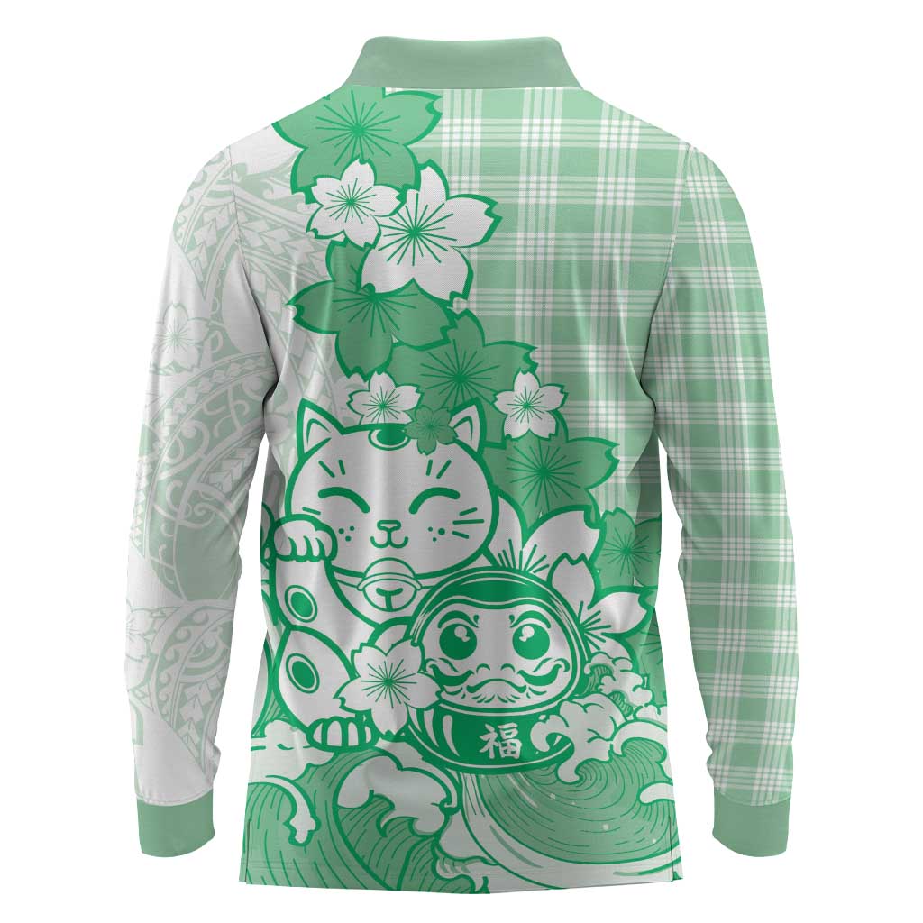 Green Palaka Hawaiian And Japanese Long Sleeve Polo Shirt Maneki Neko And Sakura Bloom