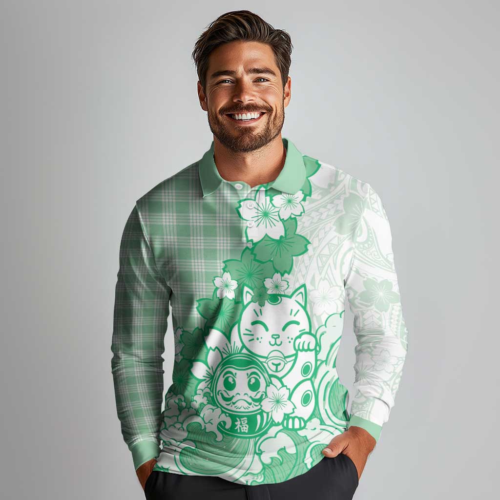 Green Palaka Hawaiian And Japanese Long Sleeve Polo Shirt Maneki Neko And Sakura Bloom