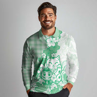 Green Palaka Hawaiian And Japanese Long Sleeve Polo Shirt Maneki Neko And Sakura Bloom