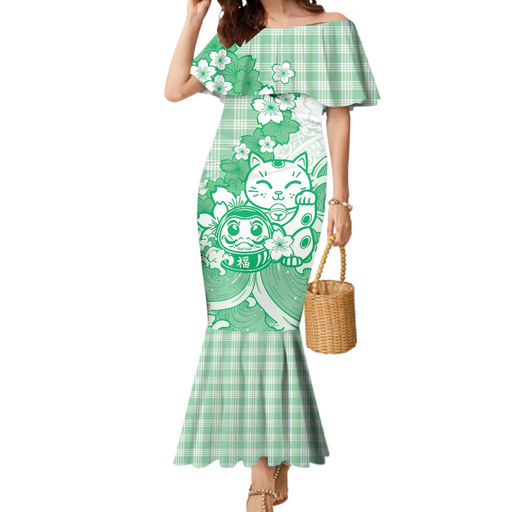 Green Palaka Hawaiian And Japanese Mermaid Dress Maneki Neko And Sakura Bloom