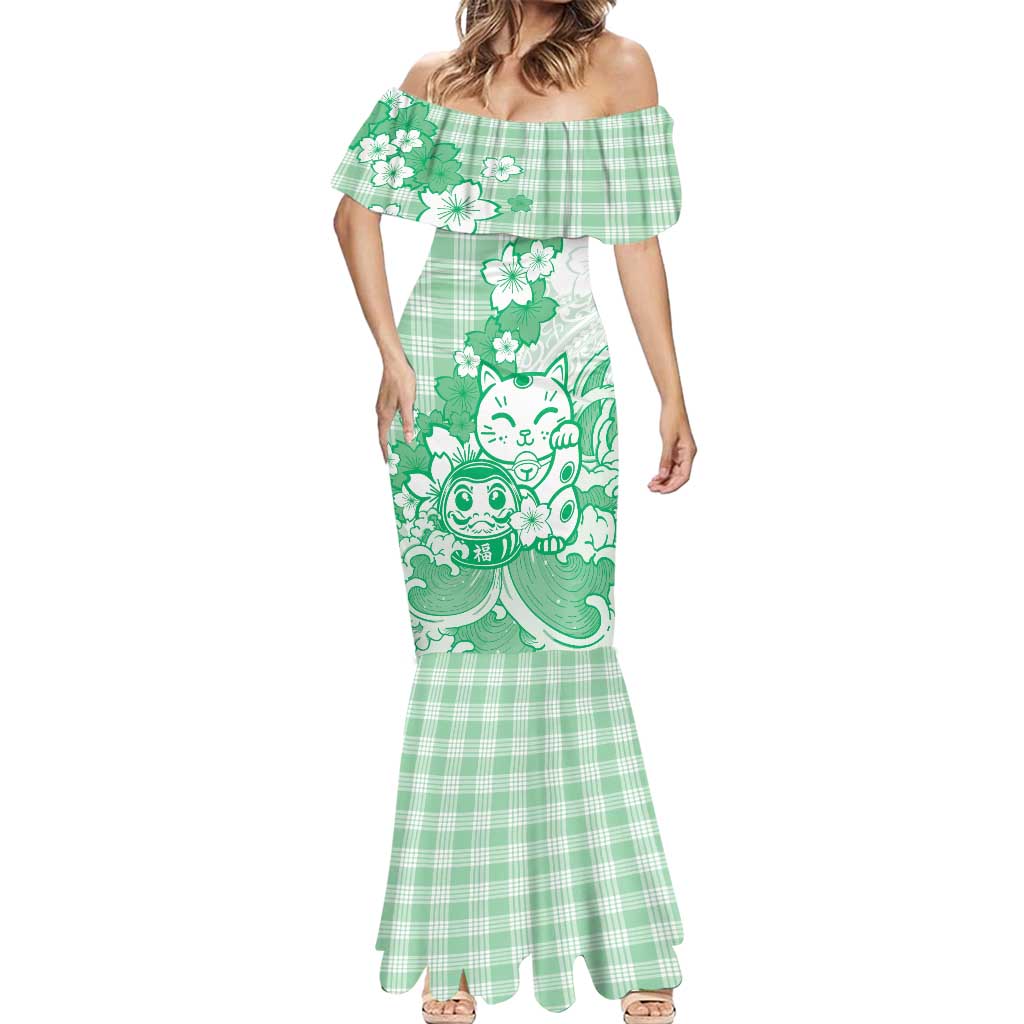 Green Palaka Hawaiian And Japanese Mermaid Dress Maneki Neko And Sakura Bloom