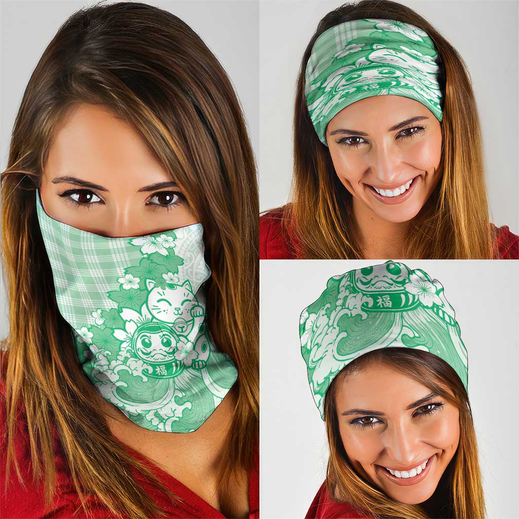 Green Palaka Hawaiian And Japanese Neck Gaiter Maneki Neko And Sakura Bloom