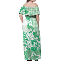 Green Palaka Hawaiian And Japanese Off Shoulder Maxi Dress Maneki Neko And Sakura Bloom