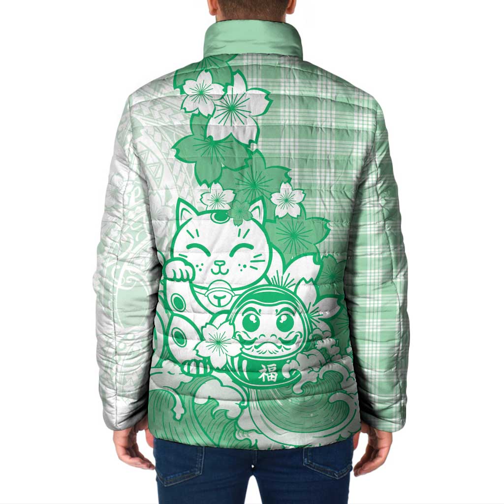 Green Palaka Hawaiian And Japanese Padded Jacket Maneki Neko And Sakura Bloom
