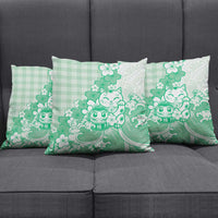 Green Palaka Hawaiian And Japanese Pillow Cover Maneki Neko And Sakura Bloom