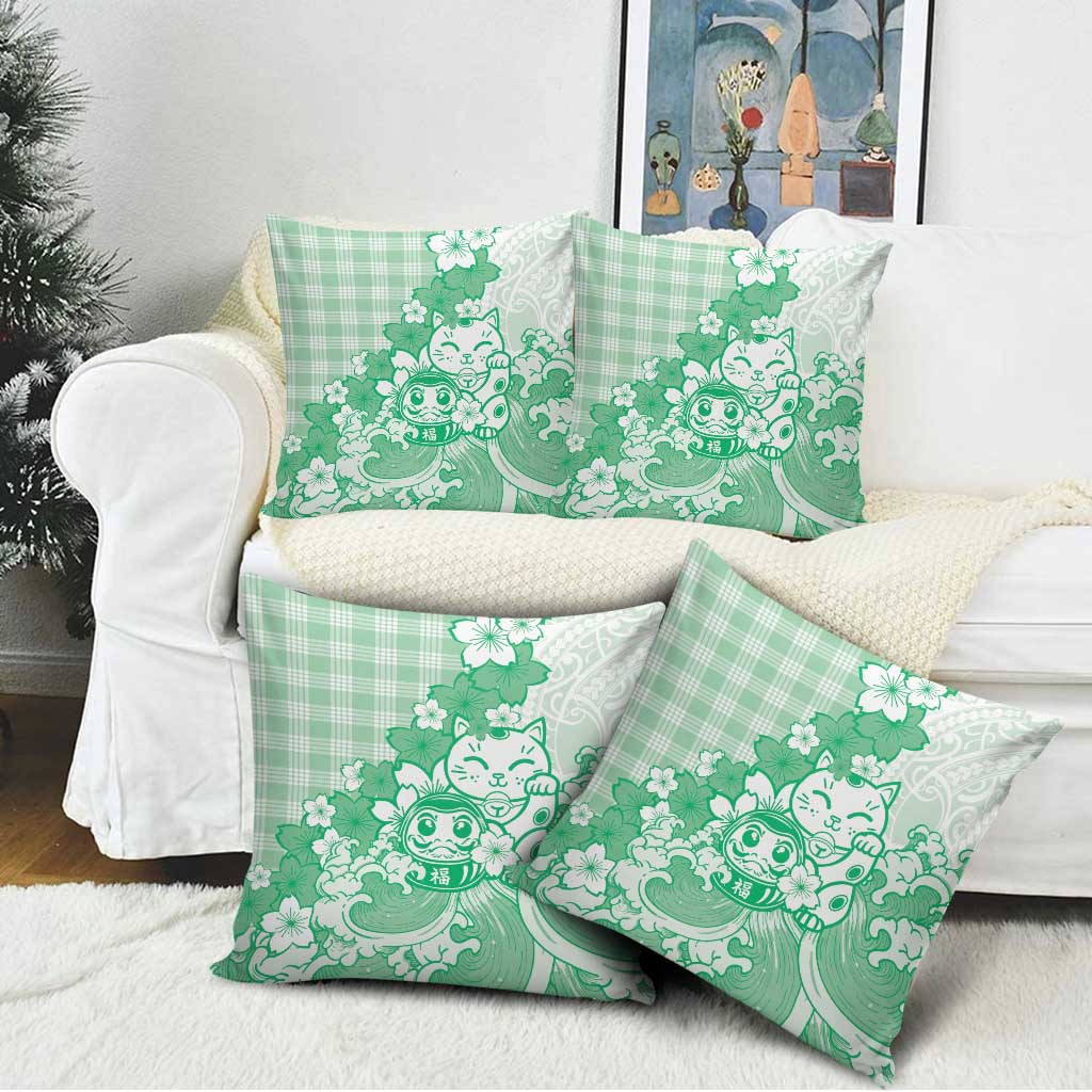 Green Palaka Hawaiian And Japanese Pillow Cover Maneki Neko And Sakura Bloom