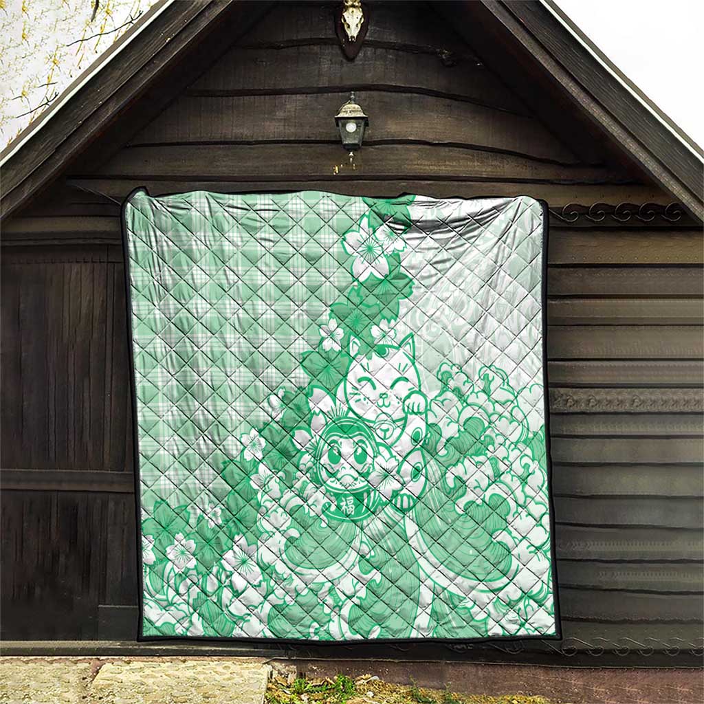 Green Palaka Hawaiian And Japanese Quilt Maneki Neko And Sakura Bloom