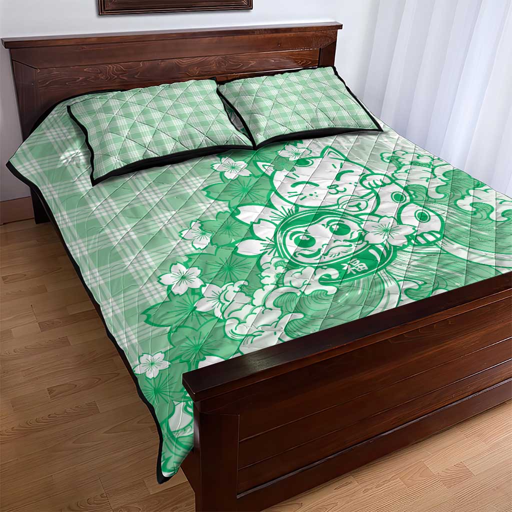 Green Palaka Hawaiian And Japanese Quilt Bed Set Maneki Neko And Sakura Bloom