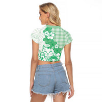 Green Palaka Hawaiian And Japanese Raglan Cropped T Shirt Maneki Neko And Sakura Bloom