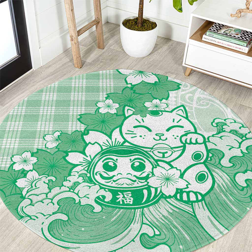 Green Palaka Hawaiian And Japanese Round Carpet Maneki Neko And Sakura Bloom