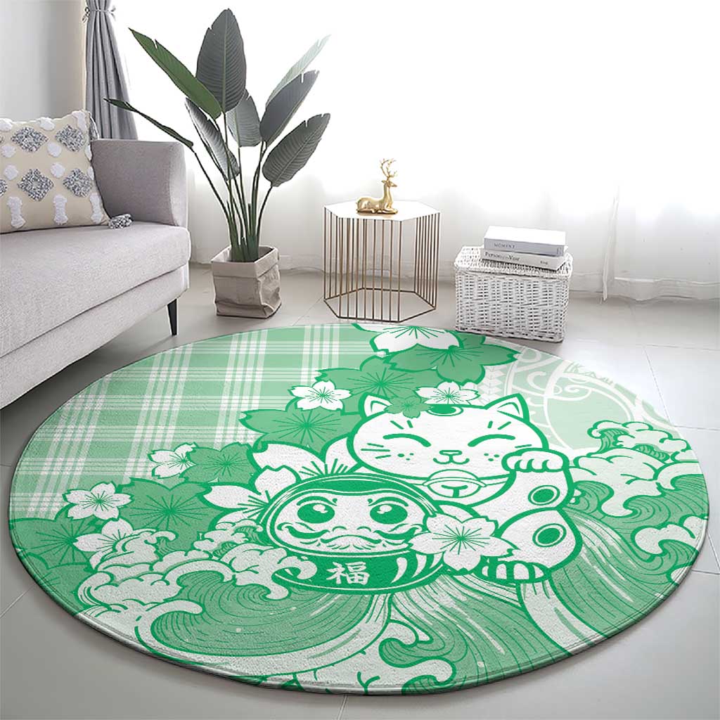 Green Palaka Hawaiian And Japanese Round Carpet Maneki Neko And Sakura Bloom