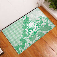 Green Palaka Hawaiian And Japanese Rubber Doormat Maneki Neko And Sakura Bloom