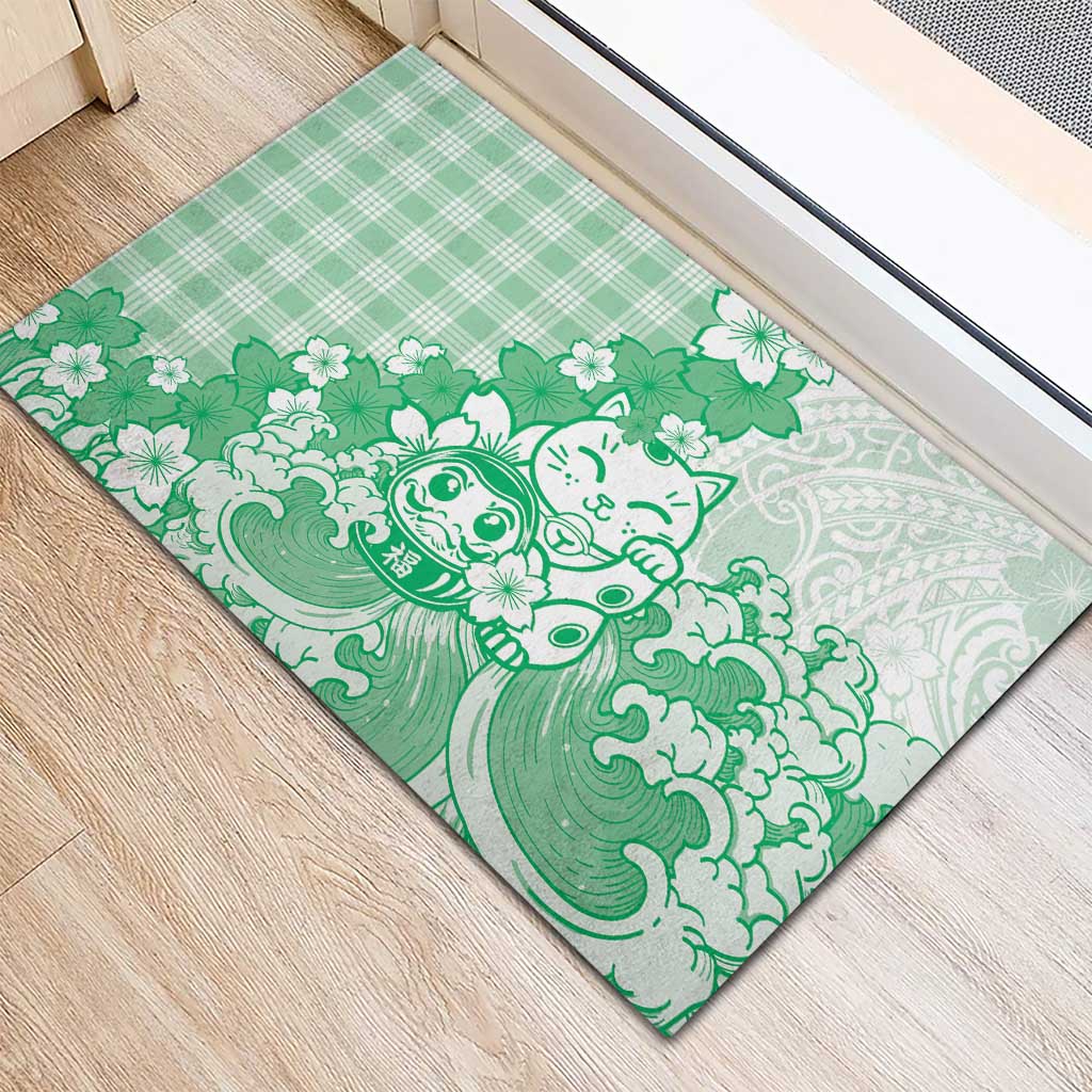 Green Palaka Hawaiian And Japanese Rubber Doormat Maneki Neko And Sakura Bloom