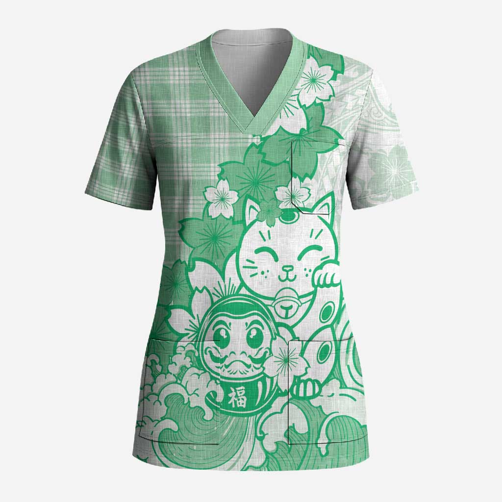 Green Palaka Hawaiian And Japanese Scrub Top Maneki Neko And Sakura Bloom