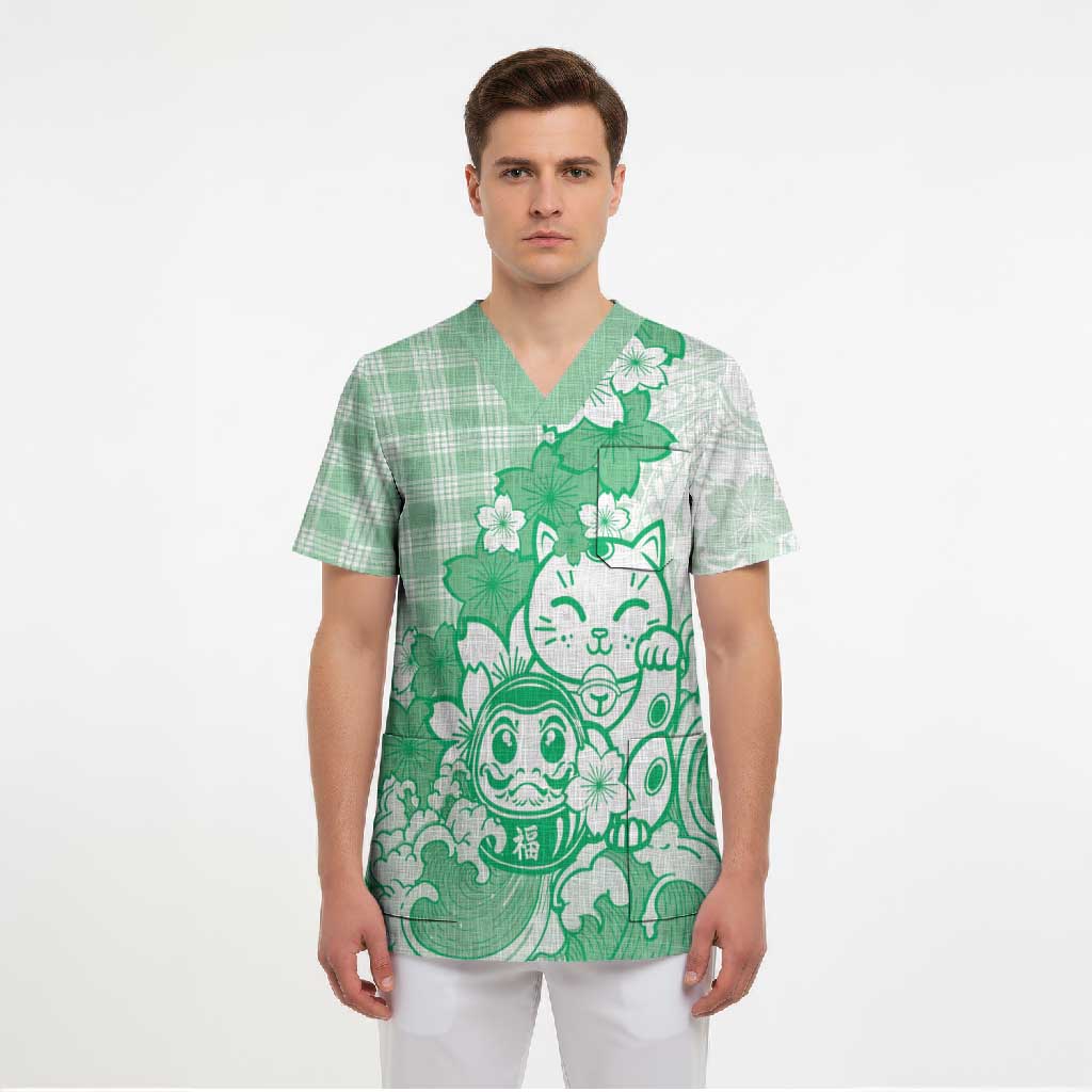 Green Palaka Hawaiian And Japanese Scrub Top Maneki Neko And Sakura Bloom